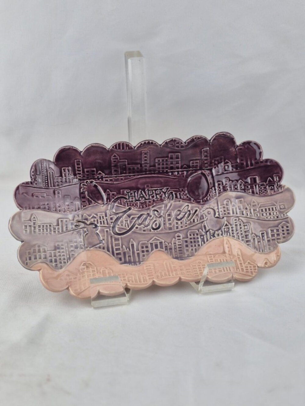 Happy Easter Multi- Colored Ceramic Platter Scalloped Whimsical Festive Imagery